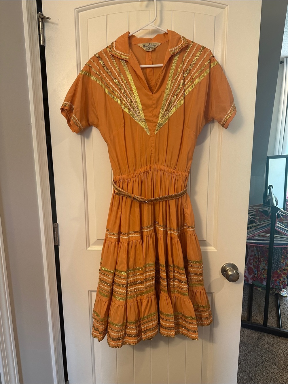 Vintage-Inspired Orange Tiered Midi Dress with Metallic Trim. Patio Dress, no sz